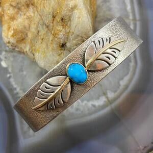 Sally Yazzie Vintage Sterling & 14K Oval Kingman Turquoise Decorated Bracelet